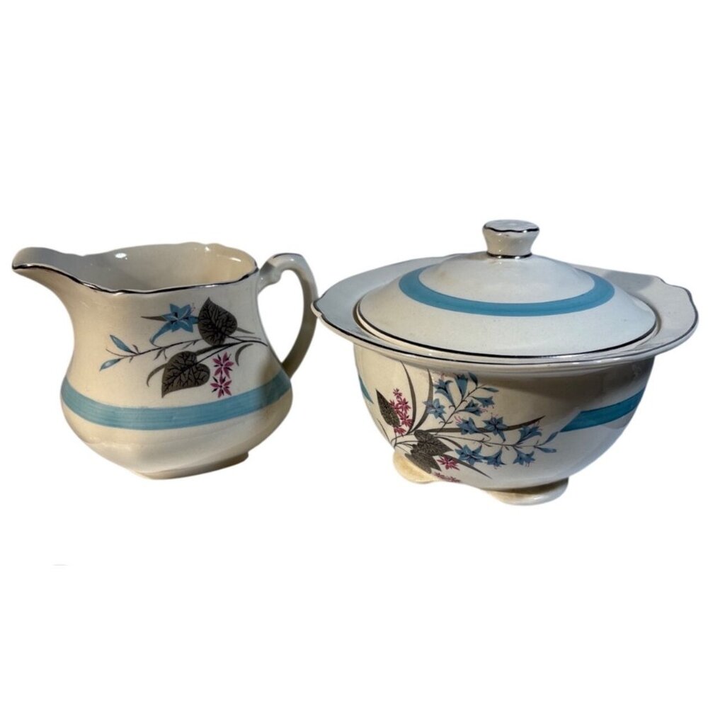 Arthur J Wilkinson Creamer & Sugar Bowl Set Blue Floral Stripe Design England